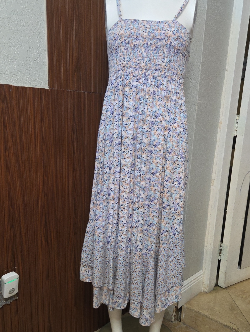 Japna Light Blue and Cream Floral Smocked Maxi Dress